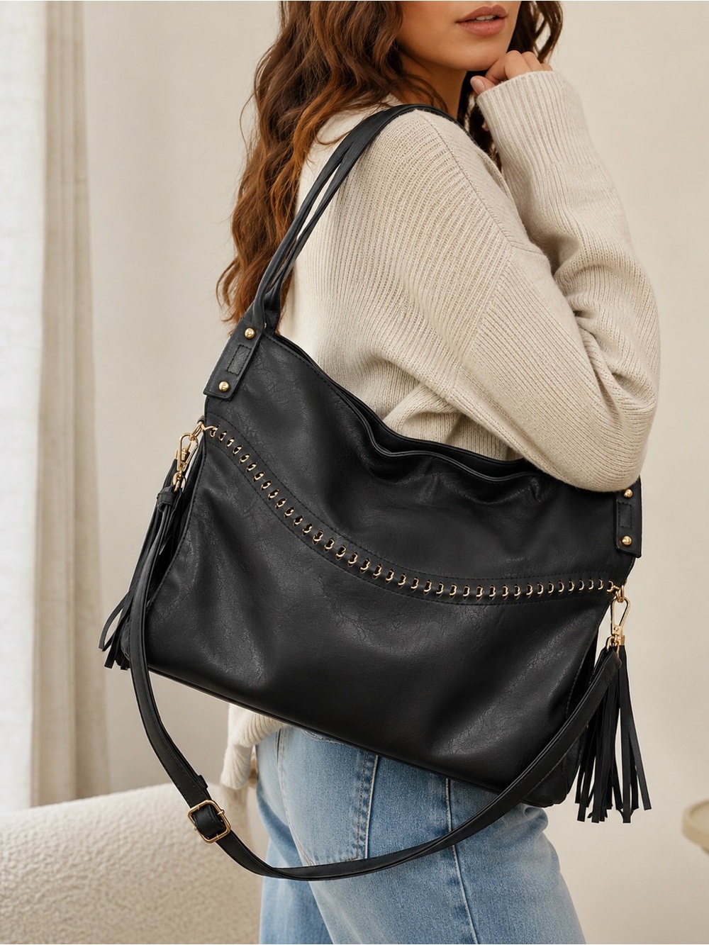 Perfect slouch oversized soft fringe black gold hardware bag